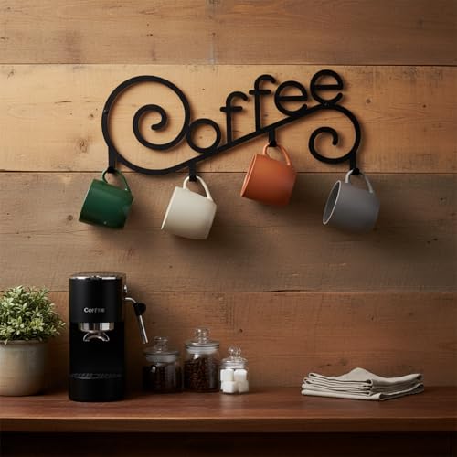 WOPARTY Metal Wall Mounted Coffee Cup Mug Holder with 4 Hooks, 15.75 x 6.3 Inch, Decorative Coffee Bar,Kitchen, Bar Station Accessories Decor - Image 2