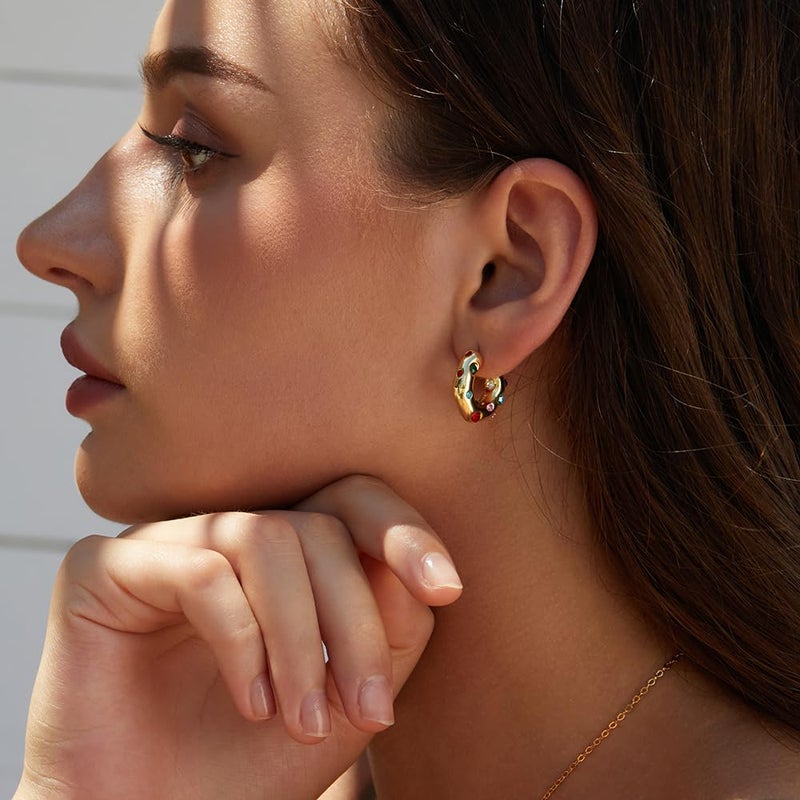FRUMOS Full color Cubic Zirconia huggie Gold hoop Earrings for Women Girls,14K Gold Plated with 925 Sterling Silver Post crystal Huggie Earrings| CZ Stud Earring (Colorful CZ Earrings) - Image 4