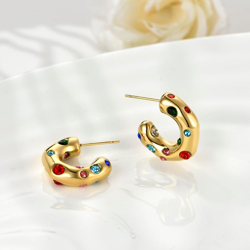 FRUMOS Full color Cubic Zirconia huggie Gold hoop Earrings for Women Girls,14K Gold Plated with 925 Sterling Silver Post crystal Huggie Earrings| CZ Stud Earring (Colorful CZ Earrings) - Image 3