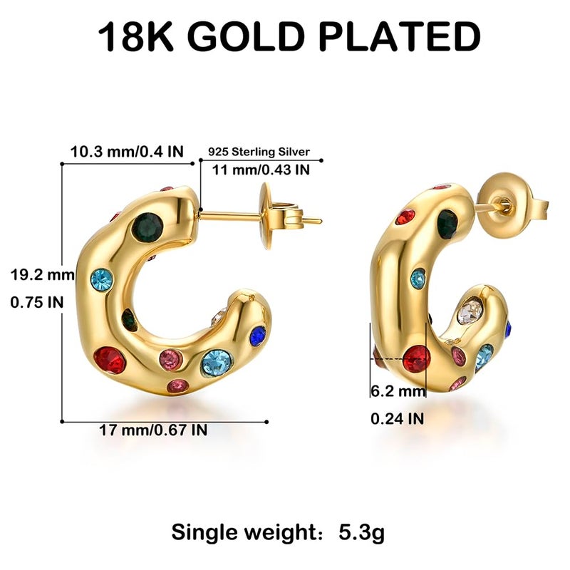 FRUMOS Full color Cubic Zirconia huggie Gold hoop Earrings for Women Girls,14K Gold Plated with 925 Sterling Silver Post crystal Huggie Earrings| CZ Stud Earring (Colorful CZ Earrings) - Image 2