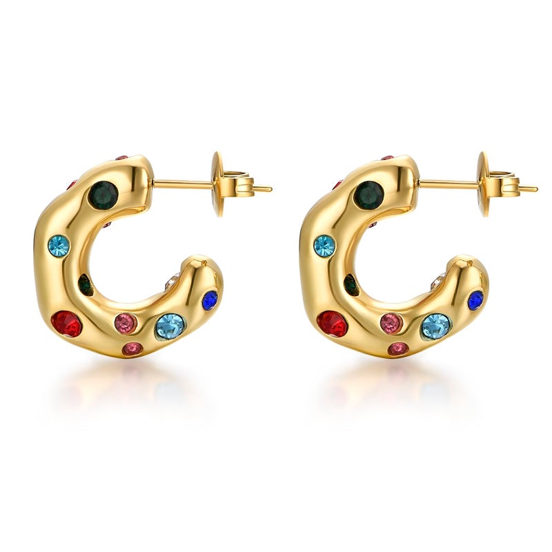 FRUMOS Full color Cubic Zirconia huggie Gold hoop Earrings for Women Girls,14K Gold Plated with 925 Sterling Silver Post crystal Huggie Earrings| CZ Stud Earring (Colorful CZ Earrings) - Image 1