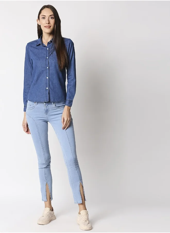 هاي ستار Women Blue Regular Fit Solid Casual Shirt