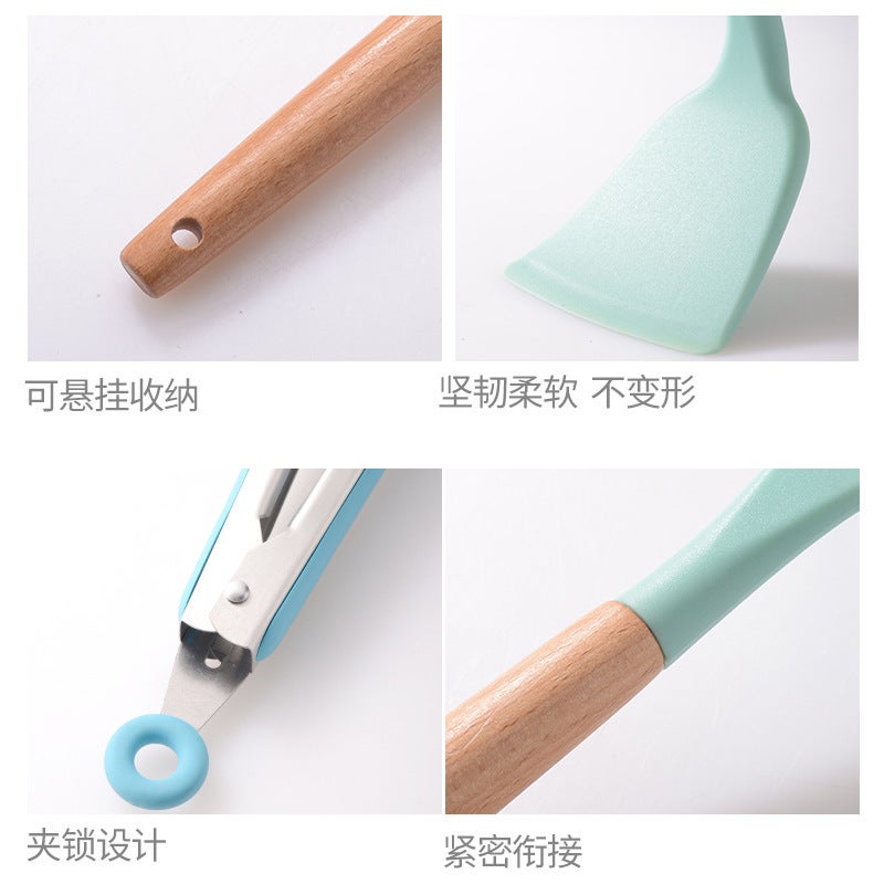 Colorful Household Wooden Handle Silicone Kitchenware 11 Pieces Suit Kitchen Utensils Kitchenware Kitchen Set - Image 4