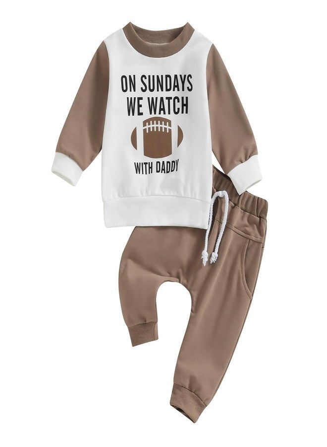 BULINGNA Toddler Baby Boy 2 Piece Football Season Outfit Set Long Sleeve Sweatshirt Tops Casual Pants Spring Fall Clothes (White Coffee, 12-18 Months) - Image 1