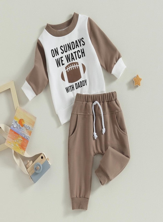 BULINGNA Toddler Baby Boy 2 Piece Football Season Outfit Set Long Sleeve Sweatshirt Tops Casual Pants Spring Fall Clothes (White Coffee, 12-18 Months) - Image 2