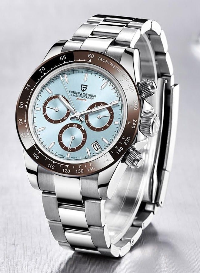 PAGANI DESIGN Men's Business Quartz Stainless Steel Watches, Sports Chronograph, 30 Meters Waterproof, Blue-Black Dial And Steel Band, Fashion Casual Watch  - Image 1