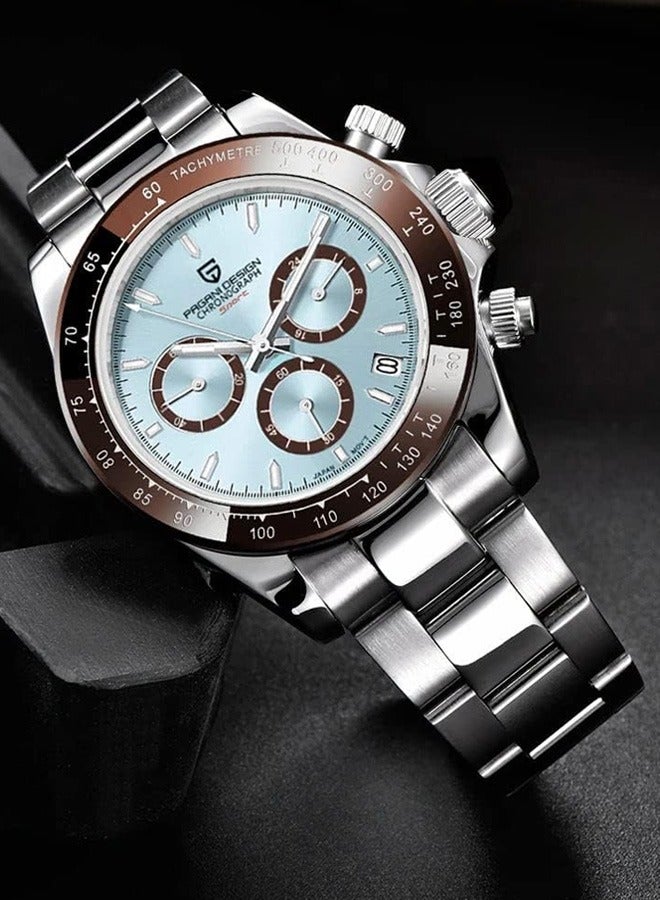 PAGANI DESIGN Men's Business Quartz Stainless Steel Watches, Sports Chronograph, 30 Meters Waterproof, Blue-Black Dial And Steel Band, Fashion Casual Watch  - Image 2