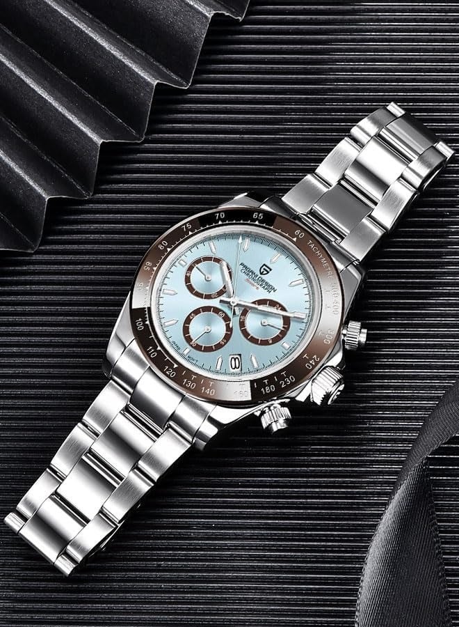 PAGANI DESIGN Men's Business Quartz Stainless Steel Watches, Sports Chronograph, 30 Meters Waterproof, Blue-Black Dial And Steel Band, Fashion Casual Watch  - Image 3