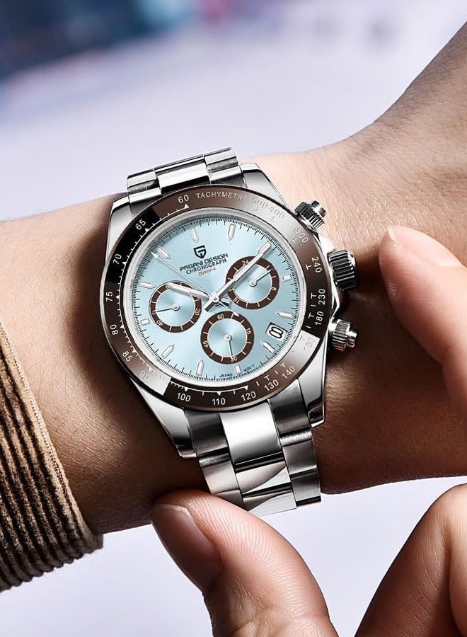 PAGANI DESIGN Men's Business Quartz Stainless Steel Watches, Sports Chronograph, 30 Meters Waterproof, Blue-Black Dial And Steel Band, Fashion Casual Watch  - Image 4