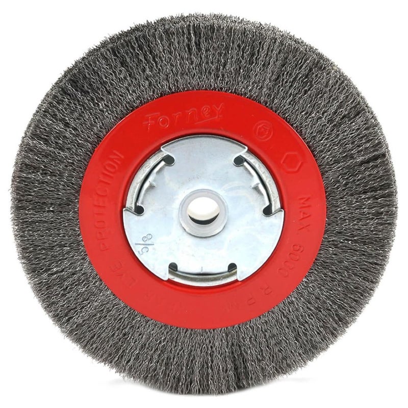 Forney 72751 Wire Bench Wheel Brush, Narrow Face Fine Crimped with 1/2-Inch and 5/8-Inch Arbor, 6-Inch-by-.008-Inch