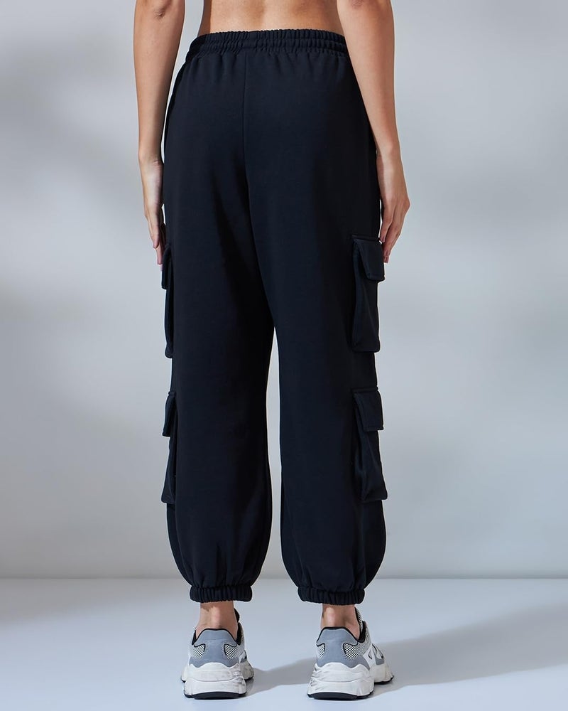 Bewakoof Women Mid Rise Air 1.0 Solid Super Loose Fit Polycotton Cargo Joggers_624640_Black_L - Image 4