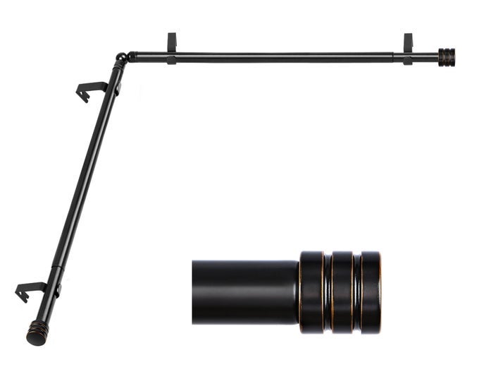 HEAVY DUTY CORNER WINDOW CURTAIN RODS 36 TO 72 INCH 1 INCH TELESCOPING SINGLE DRAPERY ROD BLACK END CAP FINIALS