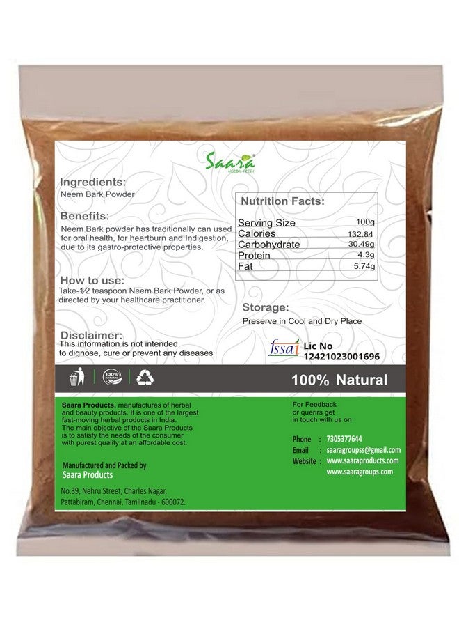 Saara HERBAL FRESH Neem Bark Powder, 500g, Neem chaal, Veppam Pattai, Nimbaka, Azadirachta Indica, Margosa Bark Powder For Teeth & Skin Care, (pack of 5 x 100g) - Image 2