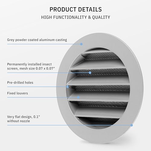 calimaero® WSGG 4" Inch Gray Round Metal Air Vent Grill Cover Flat Louver with Fly Screen Fits Only with Metal Ducts - Image 4