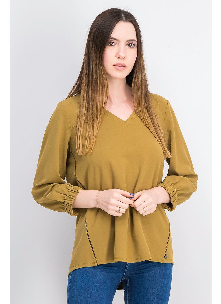 Scotch & Soda Women V-neck 3 and 4 Sleeve Plain Top, Light Brown  - Image 1