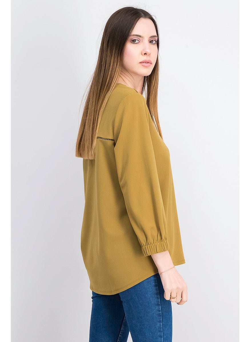 Scotch & Soda Women V-neck 3 and 4 Sleeve Plain Top, Light Brown  - Image 3