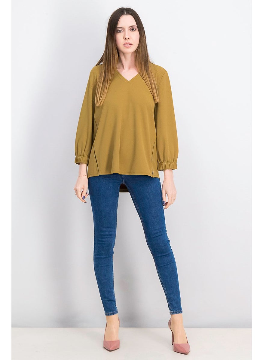 Scotch & Soda Women V-neck 3 and 4 Sleeve Plain Top, Light Brown  - Image 4