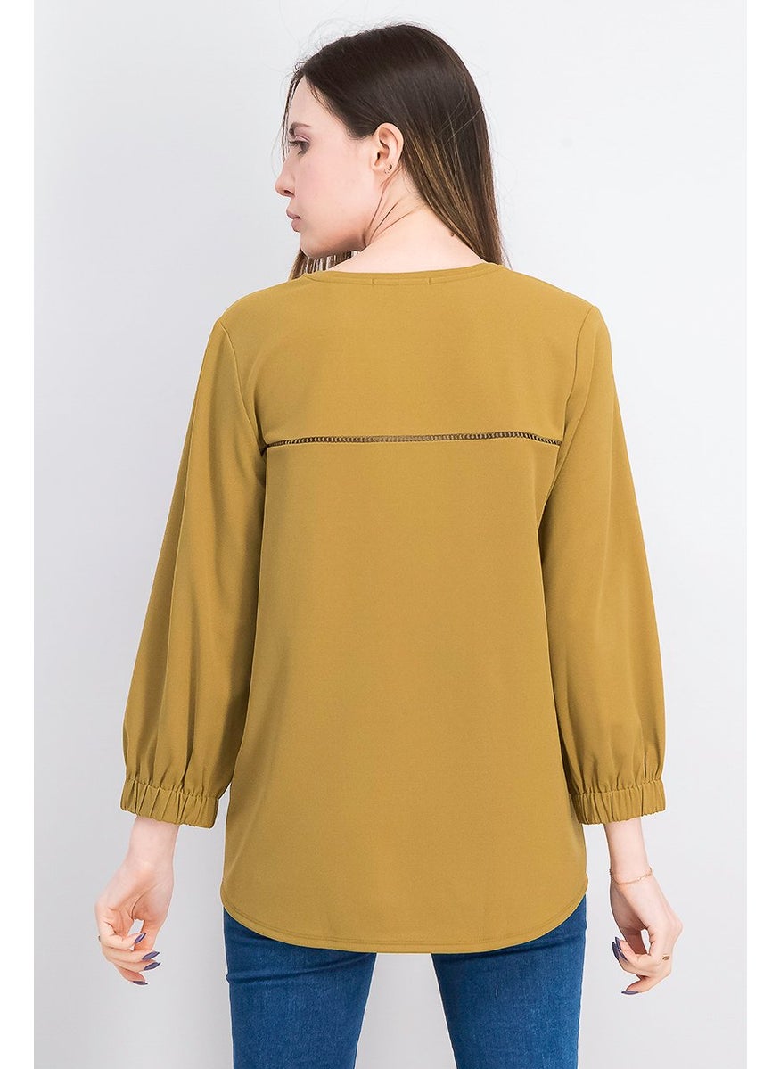 Scotch & Soda Women V-neck 3 and 4 Sleeve Plain Top, Light Brown  - Image 2