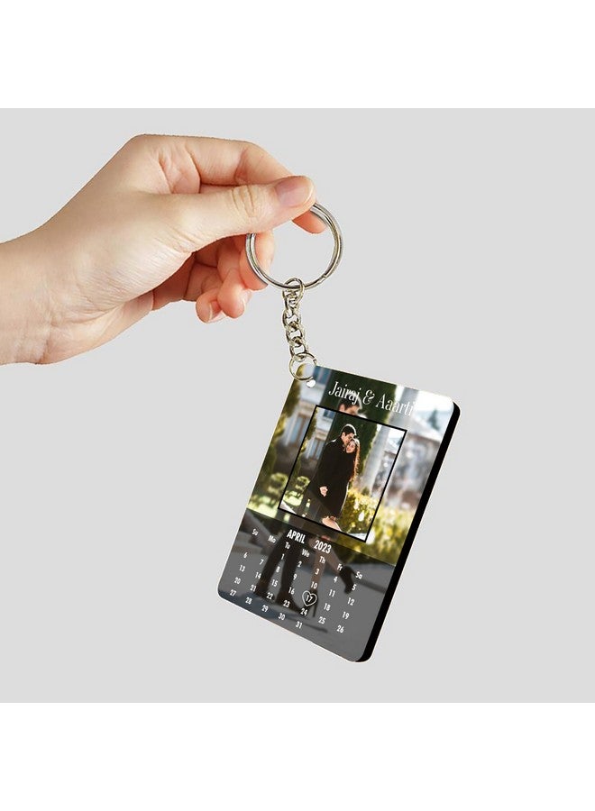 MAKEPHOTOGIFTS مفتاح مخصص بتصميم تقويم مخصص مع تاريخ مميز ومفتاح حب مخصص ومفتاح صورة خشب MDF مستطيل - Image 3