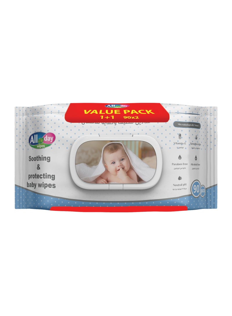All day wipes All Day Soothing & Protecting Baby Wet Wipes Blue-90 Count Infused with High Water Concentration, Aloe Vera to Calm and Protect Delicate Skin. ( Pack of 2) - Image 1