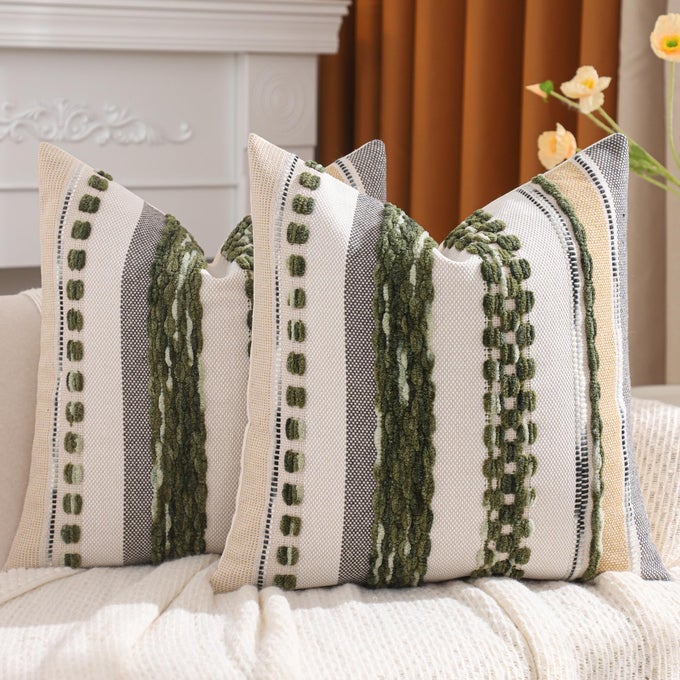 CHRISTMAS GREEN 18X18 PILLOW COVERS SET OF 2 BOHO THROW PILLOW COVERS STRIPED DECORATIVE PILLOW CASES ACCENT CHENILLE PILLOW CASES FARMHOUSE CUSHION CASE ACCENT NUETRAL TEXTURED PILLOW COVER
