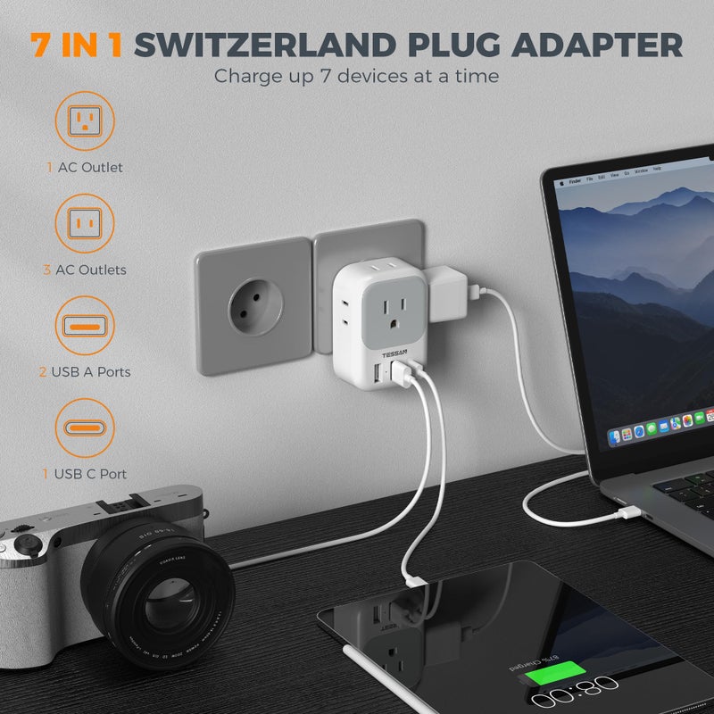 TESSAN محول طاقة سويسري 2 حزمة، محول TESSAN نوع J مع 4 مآخذ و 3 منافذ شحن USB (1 USB C)، قابس السفر السويسري من الولايات المتحدة إلى سويسرا، ليختنشتاين، رواندا - Image 3