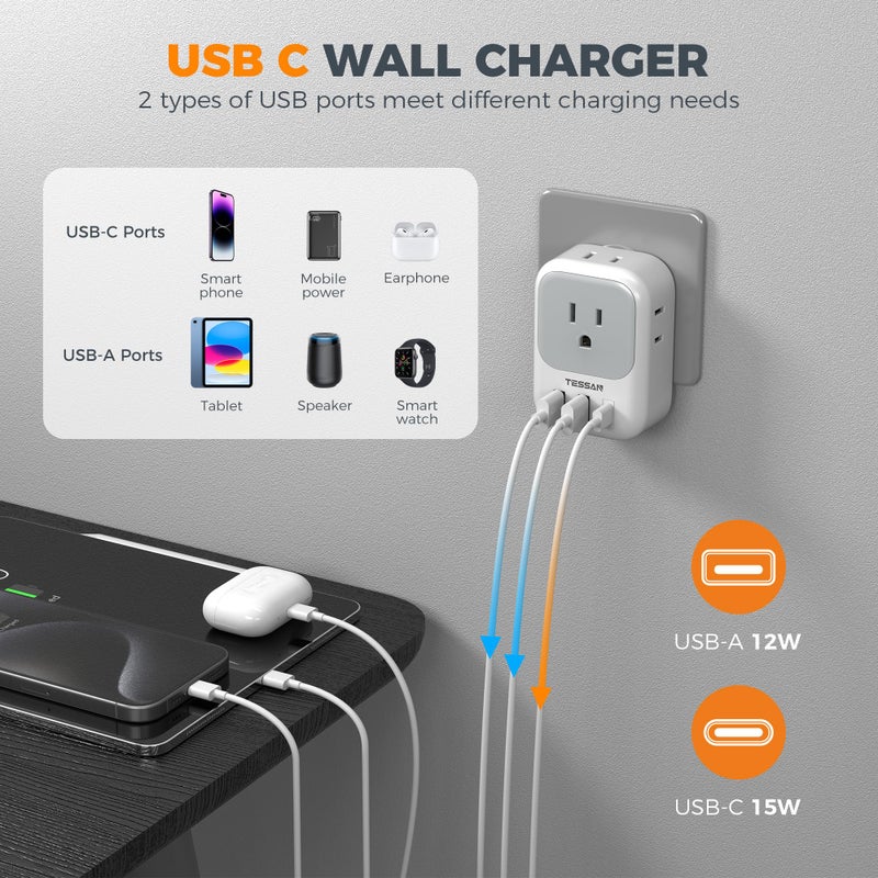 TESSAN محول طاقة سويسري 2 حزمة، محول TESSAN نوع J مع 4 مآخذ و 3 منافذ شحن USB (1 USB C)، قابس السفر السويسري من الولايات المتحدة إلى سويسرا، ليختنشتاين، رواندا - Image 4