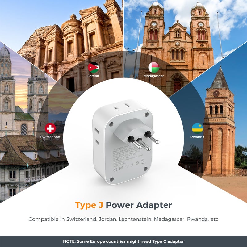 TESSAN محول طاقة سويسري 2 حزمة، محول TESSAN نوع J مع 4 مآخذ و 3 منافذ شحن USB (1 USB C)، قابس السفر السويسري من الولايات المتحدة إلى سويسرا، ليختنشتاين، رواندا - Image 2