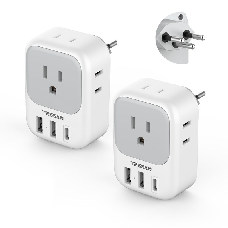 TESSAN محول طاقة سويسري 2 حزمة، محول TESSAN نوع J مع 4 مآخذ و 3 منافذ شحن USB (1 USB C)، قابس السفر السويسري من الولايات المتحدة إلى سويسرا، ليختنشتاين، رواندا - Image 1