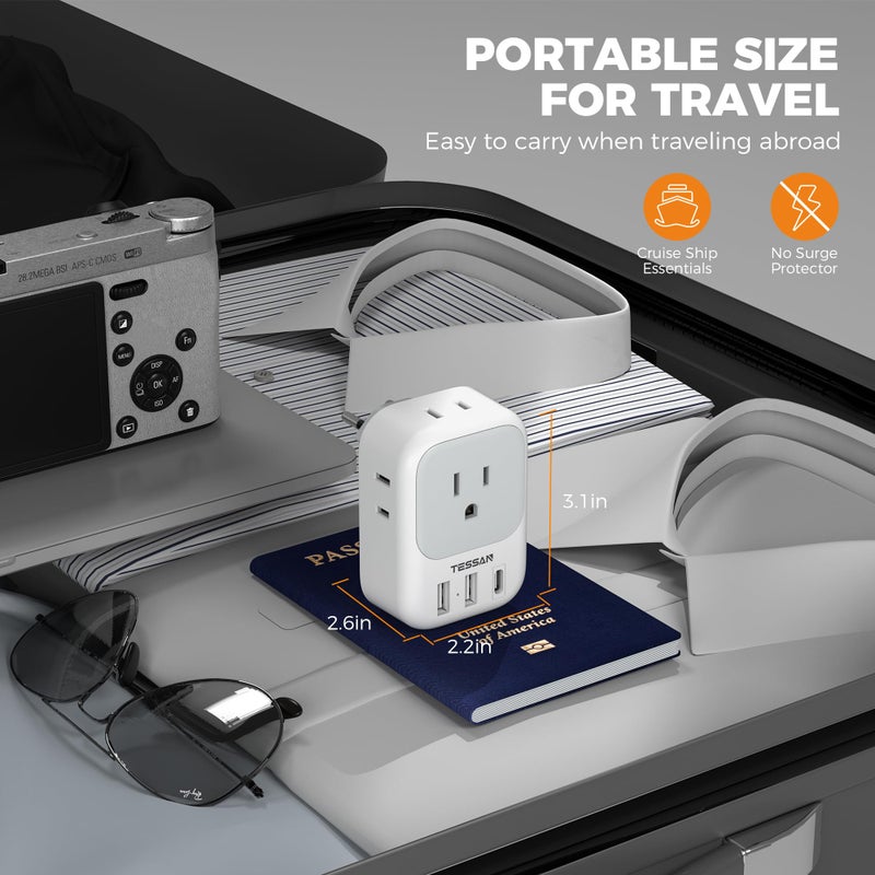 TESSAN محول طاقة سويسري 2 حزمة، محول TESSAN نوع J مع 4 مآخذ و 3 منافذ شحن USB (1 USB C)، قابس السفر السويسري من الولايات المتحدة إلى سويسرا، ليختنشتاين، رواندا - Image 5