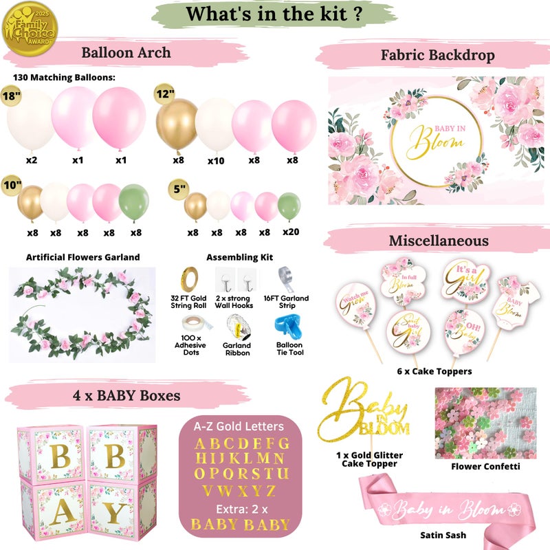RainMeadow 338 PC Baby in Bloom Baby Shower Decorations for Girl - Balloon Arch Garland & Baby Boxes with Letters, Backdrop, Cake topers, Sash and More - Floral Baby Shower Decorations Pink and Sage Green - Image 3
