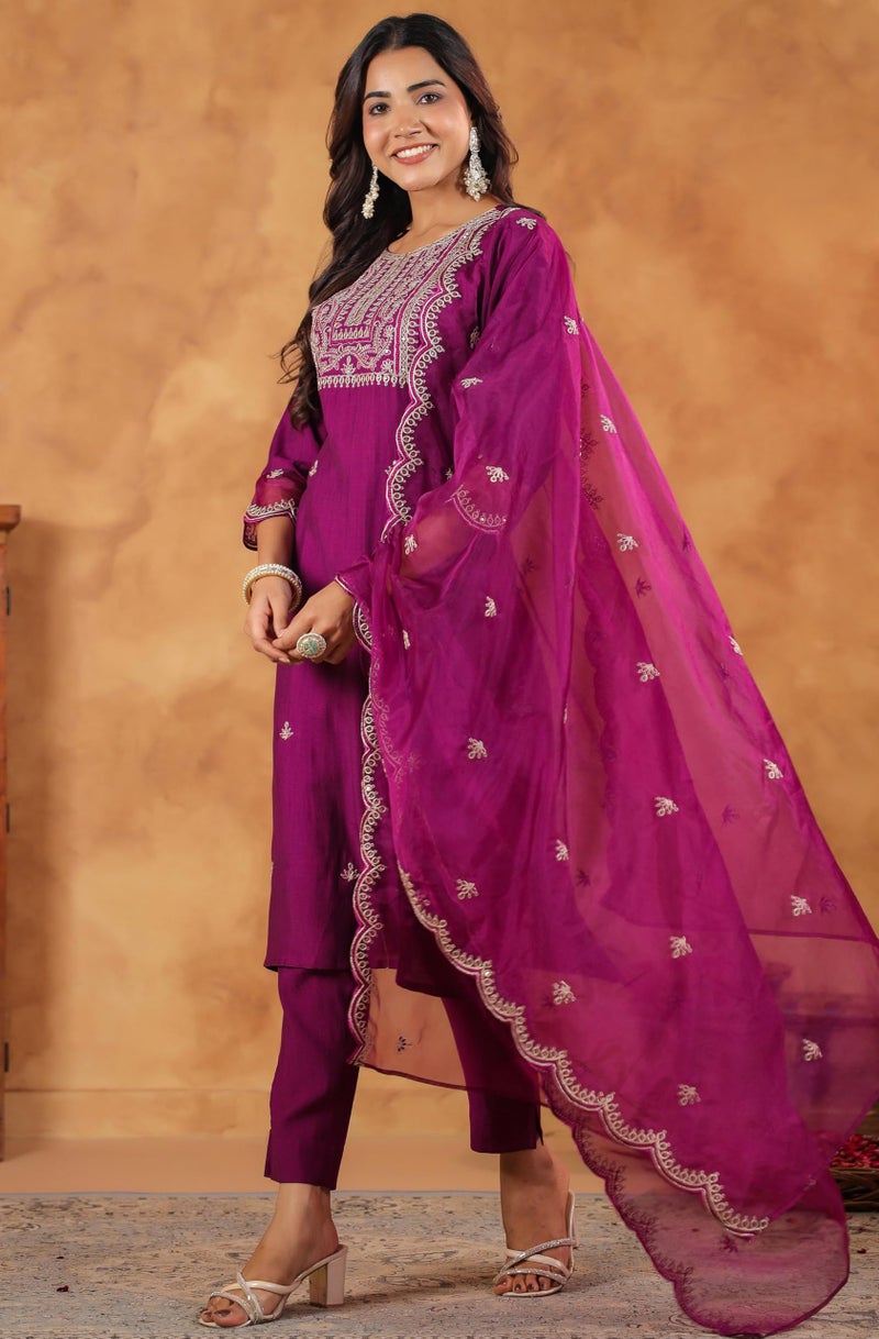 Janasya Women Silk Blend Embroidered Kurta with Pant & Dupatta Purple Color Trending Outfit - Image 2