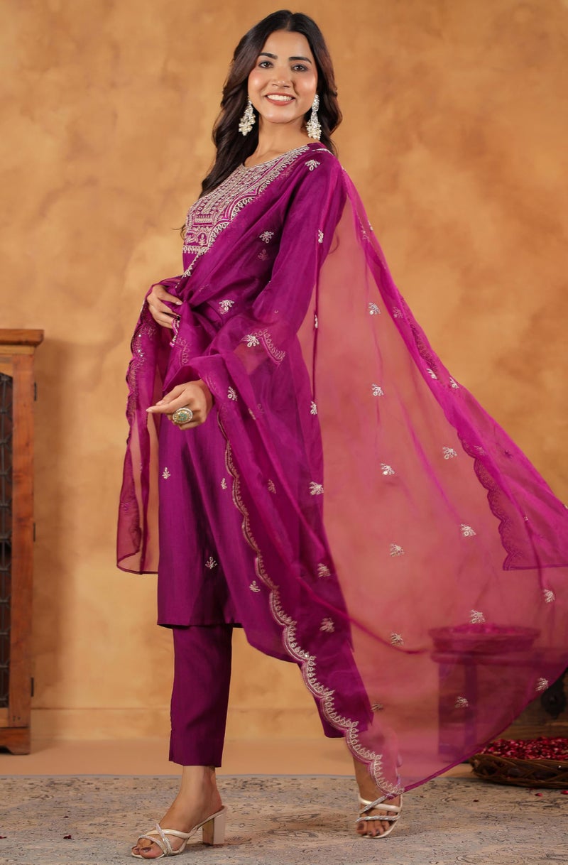 Janasya Women Silk Blend Embroidered Kurta with Pant & Dupatta Purple Color Trending Outfit - Image 5