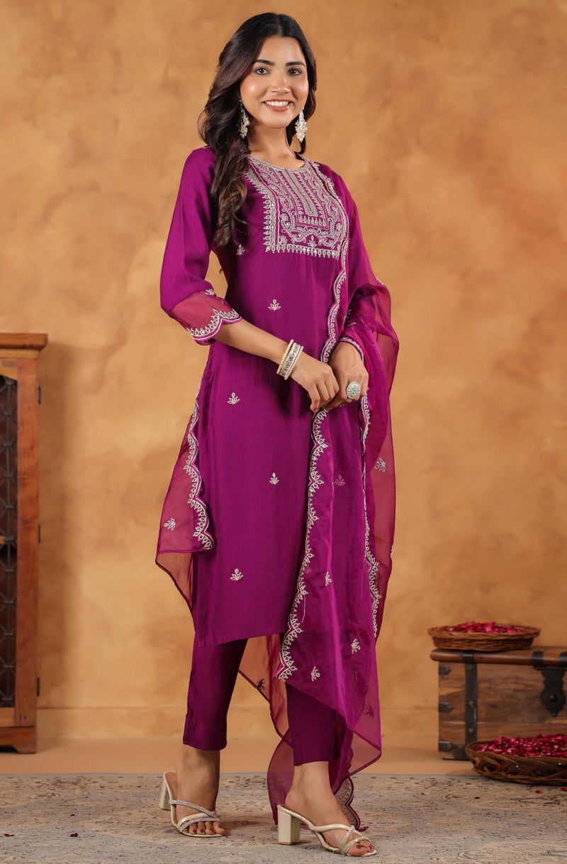 Janasya Women Silk Blend Embroidered Kurta with Pant & Dupatta Purple Color Trending Outfit - Image 3