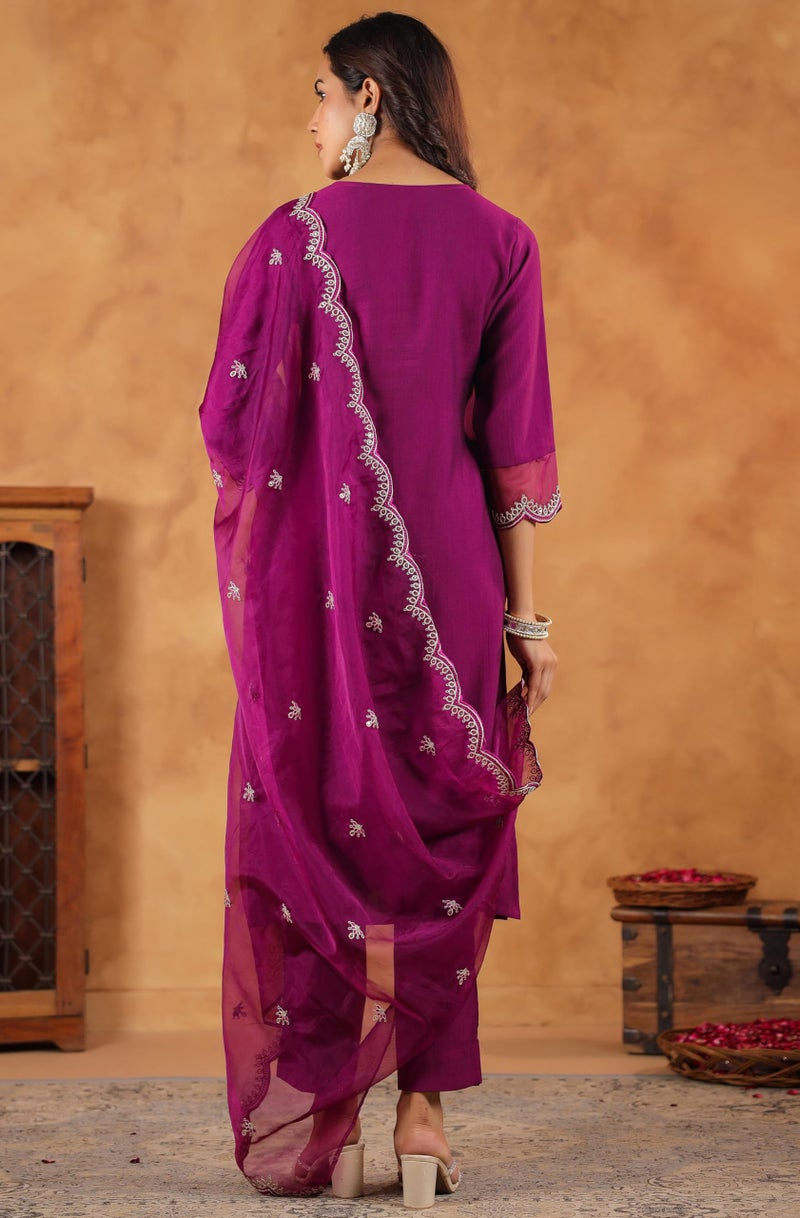 Janasya Women Silk Blend Embroidered Kurta with Pant & Dupatta Purple Color Trending Outfit - Image 4