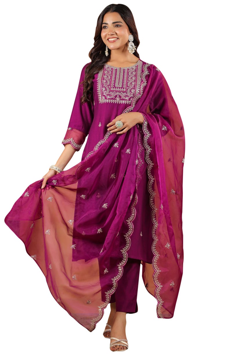 Janasya Women Silk Blend Embroidered Kurta with Pant & Dupatta Purple Color Trending Outfit - Image 1