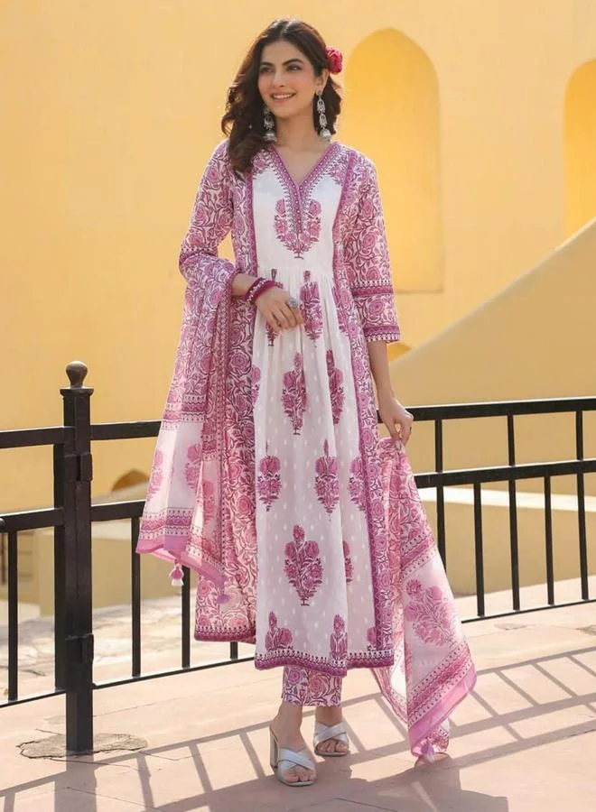 آي شين Women's White Cotton Printed Tunic Upper Calf Length Palazzo Bottom Straight Fit 3 Peice Kurta Set