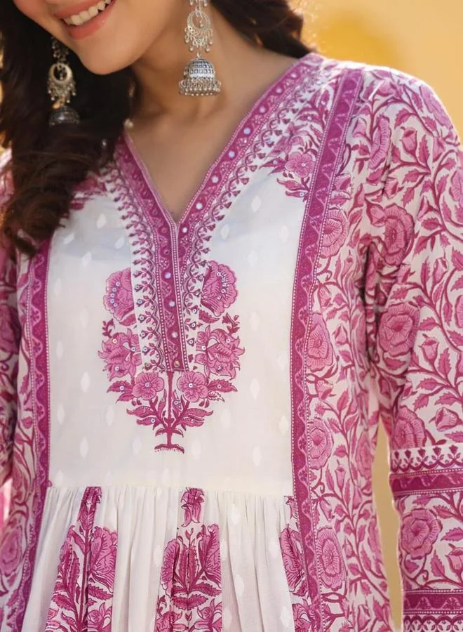 ISHIN Women's White Cotton Printed Tunic Upper Calf Length Palazzo Bottom Straight Fit 3 Peice Kurta Set