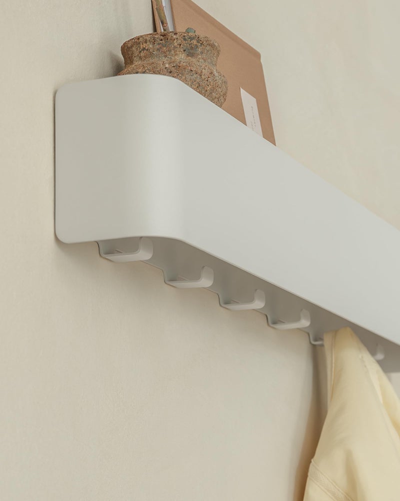 Kazai.Â® Coat Rack Wall Mount with Shelf 'Tone' | Modern Design Coat Hanger with Hidden Hooks and Storage | Hat Rack with Shelf in Metal | Wall-Mounted Purse Organizer | White - Image 3