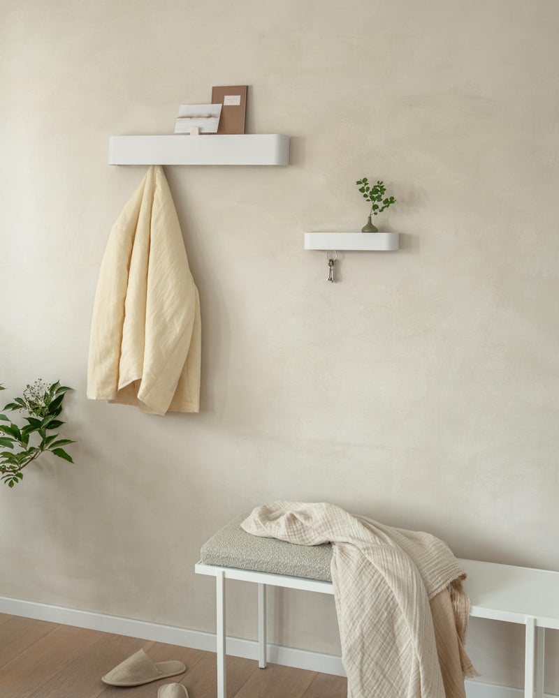 Kazai.Â® Coat Rack Wall Mount with Shelf 'Tone' | Modern Design Coat Hanger with Hidden Hooks and Storage | Hat Rack with Shelf in Metal | Wall-Mounted Purse Organizer | White - Image 4