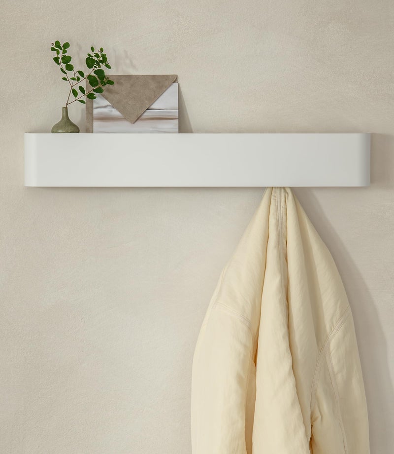Kazai.Â® Coat Rack Wall Mount with Shelf 'Tone' | Modern Design Coat Hanger with Hidden Hooks and Storage | Hat Rack with Shelf in Metal | Wall-Mounted Purse Organizer | White - Image 1