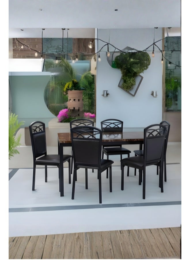 ABX HOME Dining Table 6 seater Rectangular Dining Set | Sturdy Kitchen Marbel Top Table with Pu Leather Chairs | Dining set 1+6 Seater for Home, Dining Room Brown-Black - Image 4
