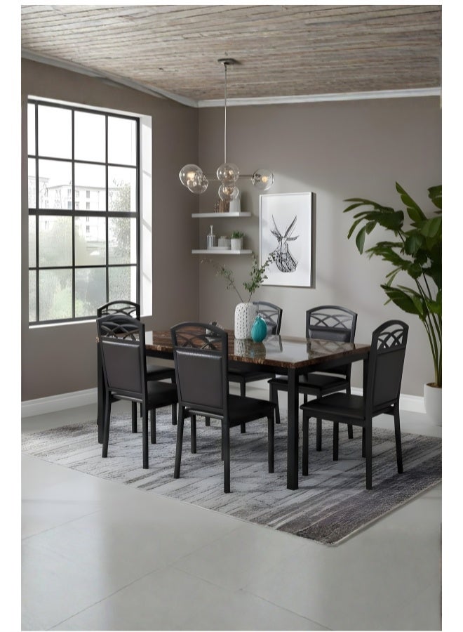 ABX HOME Dining Table 6 seater Rectangular Dining Set | Sturdy Kitchen Marbel Top Table with Pu Leather Chairs | Dining set 1+6 Seater for Home, Dining Room Brown-Black - Image 3
