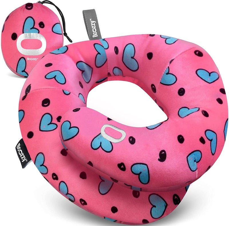 BCOZZY Kids Travel Neck Pillow (3-7 Y/O)- Patented Soft Toddler Pillow for Head & Chin Support in Car Seat, Airplane, and Road Trip Sleeping. Adjustable Size. Fully Washable. Carry Bag. Small, Hearts - Image 1
