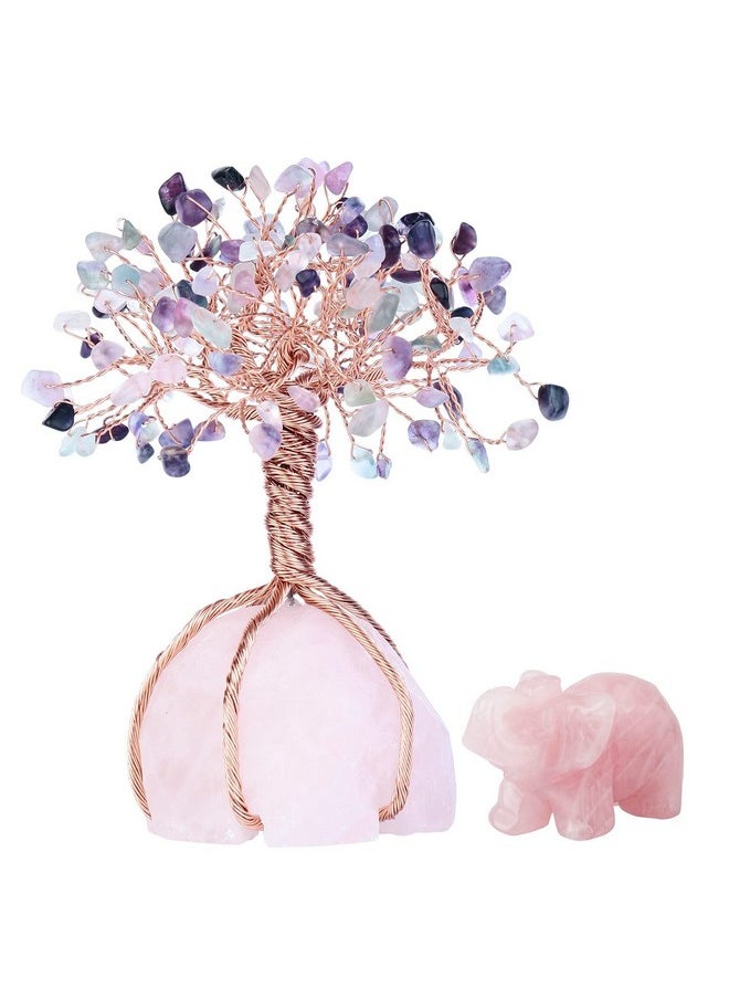 mookaitedecor mookaitedecor Fluorite Crystal Money Tree Crystals Base & Rose Quartz Elephant Statue Figurine for Feng Shui, Wealth and Luck  - Image 1