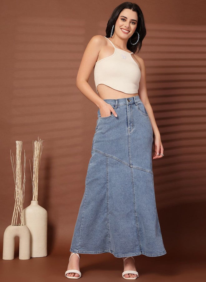 PlusS تنورة ماكسي جينز زرقاء واسعة للنساء - Image 5