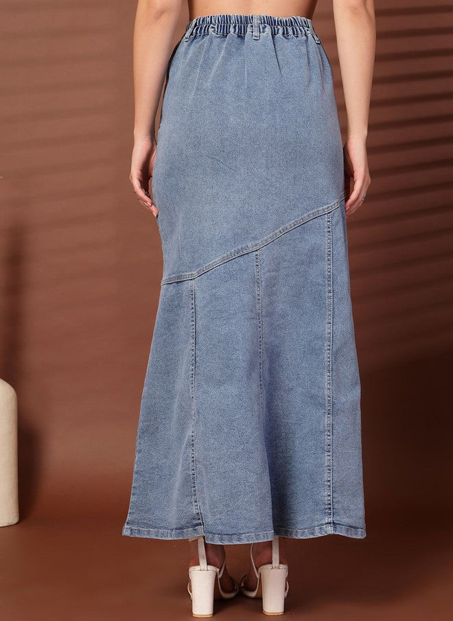 PlusS تنورة ماكسي جينز زرقاء واسعة للنساء - Image 4