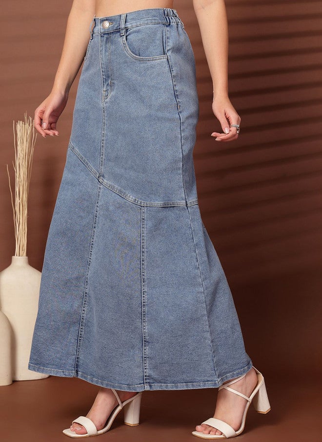 PlusS تنورة ماكسي جينز زرقاء واسعة للنساء - Image 3