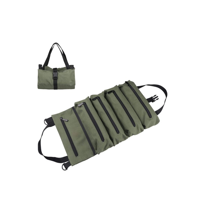 SOLARAE Roll Up Tool Bag Multi-Purpose Canvas Tool Roll Canvas Roll Up Pouch with 5 Zipper Pockets Wrench Roll Pouch - Image 2