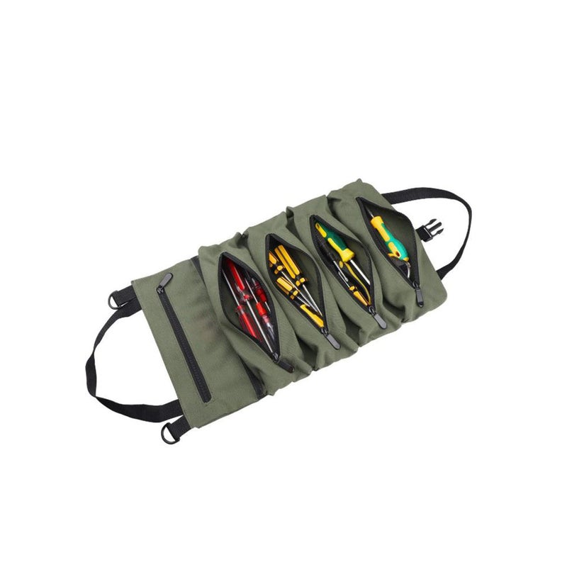 SOLARAE Roll Up Tool Bag Multi-Purpose Canvas Tool Roll Canvas Roll Up Pouch with 5 Zipper Pockets Wrench Roll Pouch - Image 1